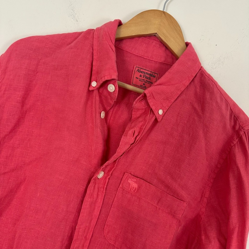 Abercrombie & Fitch Shirt Pink Linen Embroidered Moose Button Down Mens M Read